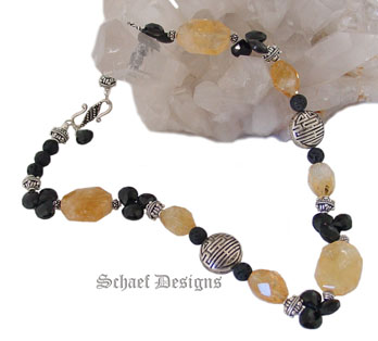 Citrine Nugget, Black Onyx Briolettes, Lava, & Sterling Silver Necklace
